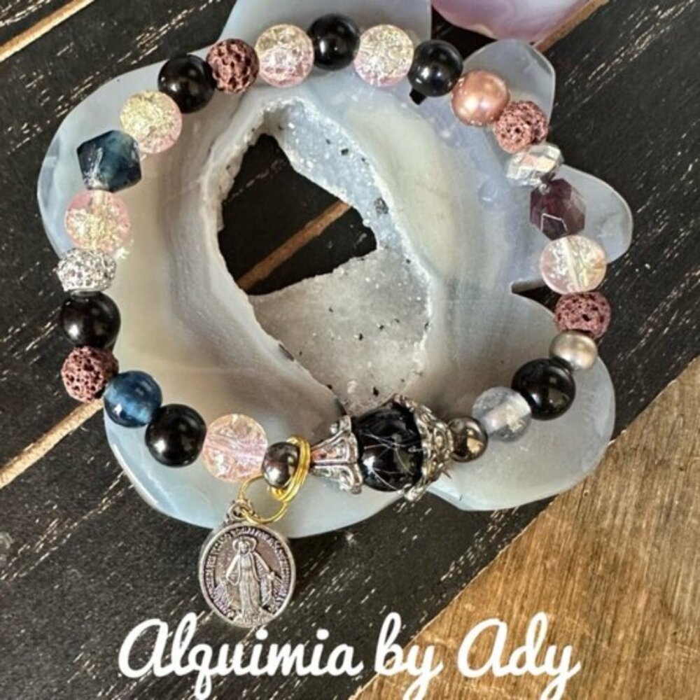 pink quartz  and silver beaded bracelet for women/protection and peace bracelet